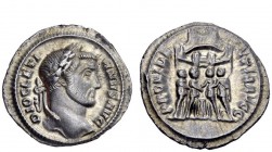 The Roman Empire 
 Diocletian, 284 – 305 
 Argenteus circa 294, AR 3.58 g. Laureate head r. Rev. Six-turreted camp gate with the four tetrarchs swea...