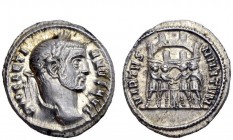 The Roman Empire 
 Diocletian, 284 – 305 
 Argenteus circa 294, AR 3.52 g. Laureate head r. Rev. Six-turreted camp gate with the four tetrarchs swea...
