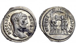 The Roman Empire 
 Diocletian, 284 – 305 
 Argenteus circa 294, AR 3.04 g. Laureate head r. Rev. Six-turreted camp gate with the four tetrarchs swea...