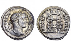The Roman Empire 
 Diocletian, 284 – 305 
 Argenteus circa 294, AR 3.28 g. Laureate head r. Rev. Six-turreted camp gate with the four tetrarchs swea...