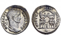The Roman Empire 
 Diocletian, 284 – 305 
 Argenteus circa 294, AR 2.75 g. Laureate head r. Rev. Six-turreted camp gate with the four tetrarchs swea...
