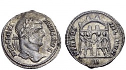 The Roman Empire 
 Diocletian, 284 – 305 
 Argenteus circa 295-297, AR 2.71 g. Laureate head r. Rev. Six-turreted camp gate with the four tetrarchs ...