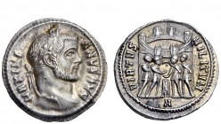 The Roman Empire 
 Maximianus Herculius, 286 – 305 
 Argenteus circa 294, AR 3.36 g. Laureate head r. Rev. Six-turreted camp gate with the four tetr...