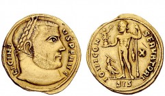 The Roman Empire 
 Licinius I, 308 – 324 
 Aureus, Siscia circa 316, AV 5.14 g. Laureate head r. Rev. Jupiter standing l., holding Victory on globe ...