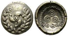 Vindelici EL Stater 

Germany, Vindelici . EL Stater (18-19 mm, 6.48 g), c. 1st century BC. [Composition: Au 24%, Ag 63%, Cu 13%].
 Obv. Triskelis ...