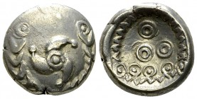 Vindelici AR Stater 

Germany, Vindelici . AR Stater (17 mm, 6.32 g), c. 1st century BC. [Composition: Au 18%, Ag 76%, Cu 6%].
 Obv. Triskelis with...