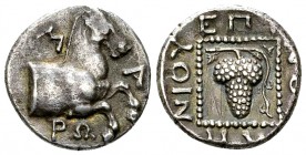 Maroneia AR Tetrobol, c. 386-348 BC 

 Maroneia, Thrace . AR Tetrobol (15 mm, 2.53 g), c. 386/5-348/7 BC.
Obv. M-A/PΩ, forepart of horse right.
Re...