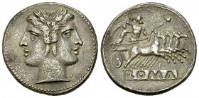 Anonymous AR Quadrigatus, c. 225-214 BC 

 Anonymous . AR Quadrigatus (21-22 mm, 6.79 g), circa 225-214, Rome.
Obv. Laureate Janiform head of Diosc...