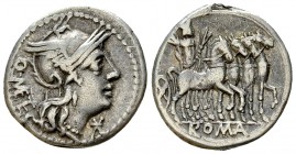 Q. Caecilius Metellus AR Denarius, 130 BC 

 Q. Caecilius Metellus . AR Denarius (19 mm, 3.93 g), Rome, 130 BC. 
Obv. Helmeted head of Roma; below ...