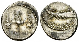Marcus Antonius AR Denarius, LEG VII 

 Marcus Antonius . AR Denarius (17-18 mm, 3.66 g), Patrae (?), 32-31 BC.
Obv. LEG VII, legionary aquila betw...