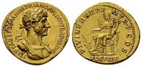 Hadrian Aureus, 117 AD 

 Hadrianus (117-138). Aureus (19 mm, 7.26 g), Rome, 117 AD.
Obv. IMP CAES TRAIAN HADRIANO AVG DIVI TRA PARTH F, Laureate, ...