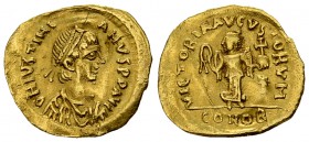 Justinian I AV Tremissis 

 Justinian I (527-565 AD). AV Tremissis (15-17 mm, 1.36 g), Constantinopolis.
Obv. DN IVSTINIANVS PP AVG, diademed, drap...