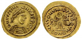 Lombards, AV Tremissis, c. 568-690 AD 

 Lombards, Lombardy. Uncertain King. AV Tremissis (16-17 mm, 1.49 g), c. 568-690 AD. Struck in the name of J...