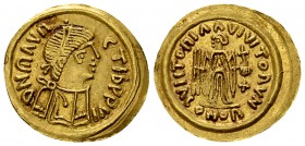 Lombards, AV Tremissis, c. 568-690 AD 

 Lombards, Lombardy . Uncertain King. AV Tremissis (17-18 mm, 1.49 g), c. 568-690 AD. Struck in the name of ...
