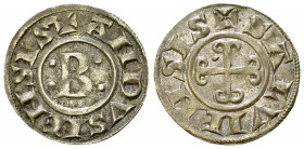 Bernard l'Aîné, AR Denier 

France, Languedoc. Seigneurie d'Anduse et de Sauve. Bernard l'Aîné (1145-1164).
Av. + ANDVSIENSIS, B entre quatre globu...