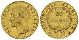 Napoléon I, AV 20 Francs 1806 A, Paris 

France. Napoléon I empereur (1804-1814). AV 20 Francs 1806 A (6.42 g). Paris.
Gad. 1023.

TTB+.