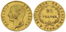 Napoléon I., AV 20 Francs 1806 A, Paris 

France. Napoléon I empereur (1804-1814). AV 20 Francs 1806 A (6.42 g). Paris.
Gad. 1023.

TTB+.