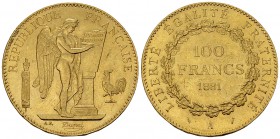 France, AV 100 Francs 1881 A, Paris

France, 3rd Republic . AV 100 Francs 1881 A (35 mm, 32.30 g), Paris.
KM 832.

Some marks in fields, otherwis...