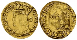 Napoli, Carlo V, AV Ducato, molto rara 

Napoli. Carlo V (1516-1556). AV Ducato (23-24 mm), sigla G (Gazella).
Av. CAROLVS ROMANOR*REX, Busto giova...