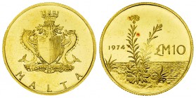Malta AV 10 Pounds 1974 

 Malta, Republic. AV 10 Pounds 1973 (2.98 g).
KM 26.

Uncirculated.