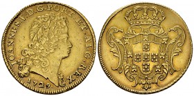 João V., AV 12800 Reis 1729, Lisbon, rare 

 Portugal. João V. (1706-1750). AV Dobra (12800 Reis) 1729 (38 mm, 28.44 g), Lisbon.
KM 222.6; Fb. 84; ...