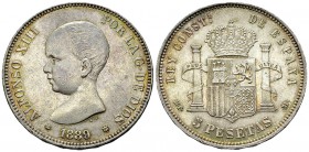 Alfonso XIII., AR 5 Pesetas 1889 

Spain. Alfonso XIII. (1886-1931). AR 5 Pesetas 1889 (1889) (25.04 g), MPM-Madrid.
Cayon 17635; Dav. 342.

Mino...