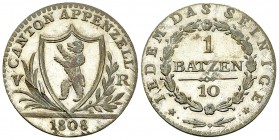 Appenzell Ausserrhoden, BI Batzen 1808 

 Appenzell Ausserrhoden, Kanton. BI Batzen 1808 (25 mm, 2.63 g).
HMZ 2-31a.

FDC.