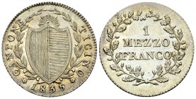 Ticino, AR 1/2 Franco 1835 

 Ticino, Cantone. AR 1/2 Franco 1835 (26 mm, 4.61 g).
HMZ 2-926a.

Bellissima patina di medagliere. FDC.