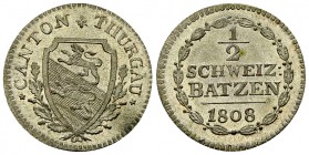 Thurgau, BI 1/2 Batzen 1808 

 Thurgau, Kanton. BI 1/2 Batzen 1808 (21 mm, 1.97 g).
HMZ 2-935a.

FDC.