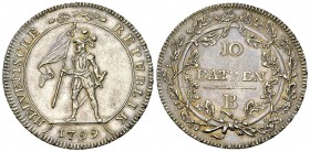 Helvetische Republik, AR 10 Batzen 1799 B 

 Helvetische Republik. AR 10 Batzen 1799 B (29 mm, 7.57 g).
HMZ 2-1187b.

Fein getönt und besser als ...