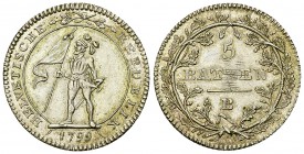 Helvetische Republik, AR 5 Batzen 1799 B 

 Helvetische Republik . AR 5 Batzen 1799 B (24 mm, 4.58 g).
HMZ 2-1188a.

Fast vorzüglich.