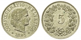 Schweiz, CU-NI 5 Rappen 1885 

 Schweiz, Eidgenossenschaft. CU-NI 5 Rappen 1885 (2.03 g).
KM 26.

Leichte Auflagen, sonst FDC.