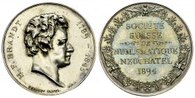 SSN AR Medaille 1894, auf Brandt 

Schweiz. Société Suisse de Numismatique. AR Medaille (27 mm, 10.51 g), Neuchâtel 1894. Von G. Hantz, auf H.F. Bra...