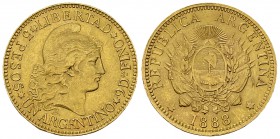 Argentina AV 5 Pesos 1888 

 Argentina, Republic . AV 5 Pesos 1888 (22 mm, 8.05 g).
Fr. 14.

Extremely fine.