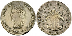 Bolivia AR 8 Soles 1862, Potosi 

 Bolivia, Republic. AR 8 Soles 1862 (36 mm, 19.57 g), Potosi.
KM 138.6.

Planchet fault. Nicely toned and very ...