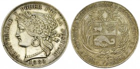 Peru AR 5 Pesetas 1880, Lima 

Peru, Republic. Provisional coinage. AR 5 Pesetas 1880 (24.97 g), Lima.
KM 201.1.

Very fine to extremely fine.