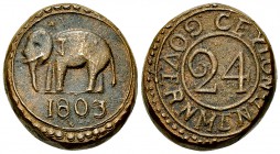 Ceylon CU 1/24 Rix-Dollar 1803

Ceylon. George III (1760-1820). CU 1/24-Rix Dollar (2 Stivers) 1803 (22-24 mm, 18.07 g).
KM 64.

Very fine.