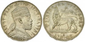 Ethiopia AR Birr 1887 

 Ethiopia . Menelik II (1889-1913). AR Birr 1887 (40 mm, 27.93 g), Paris.
 KM 5.

Very fine.