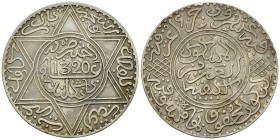 Morocco AR 10 Dirhams 1320 AH 

 Morocco . AR 10 Dirhams 1320 AH (24.73 g), Berlin.
Lec. 192.

Good very fine.