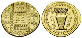 Fiji AV 25 Dollars 1990 

 Fiji, Republic . AV 25 Dollars 1990 (20-22 mm, 7.93 g).
KM 57.

Unusual design. Only 443 specimens struck. FDC.