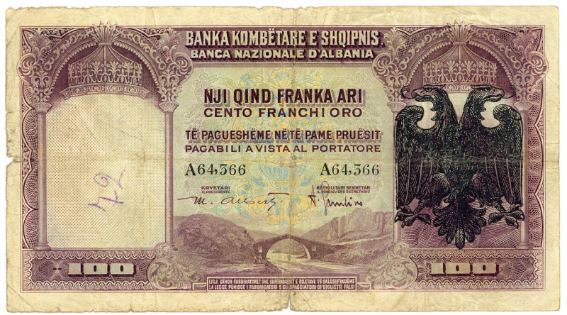 ALBANIEN, Banka Kombëtare e Shqipnis, 100 Franka Ari ND (1939). Italien Occupati...