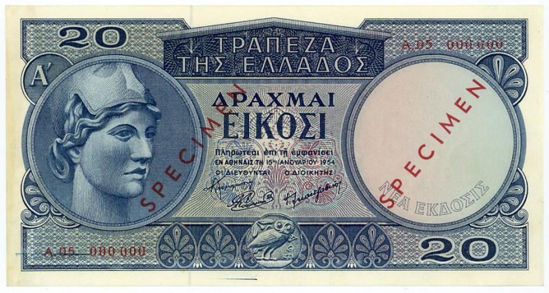GRIECHENLAND, Bank of Greece, 20 Drachmai 15.8.1954. Specimen.
Rs.Klebereste, I...