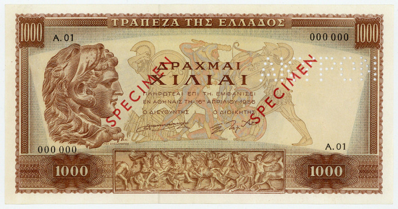 GRIECHENLAND, Bank of Greece, 1000 Drachmai 16.4.1956. Specimen.
I/I-
Pick 194...