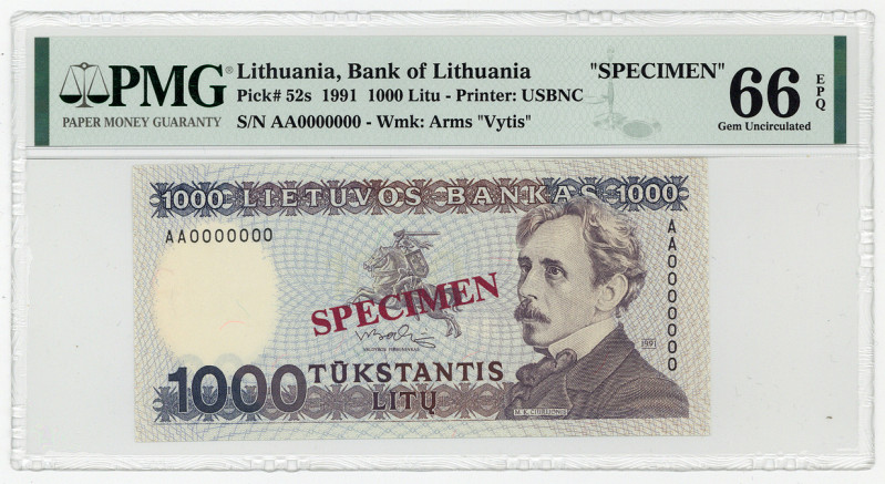LITAUEN, Lietuvos Bankas, 1000 Litu 1991. Specimen.
PMG 66 EPQ
Pick 52S