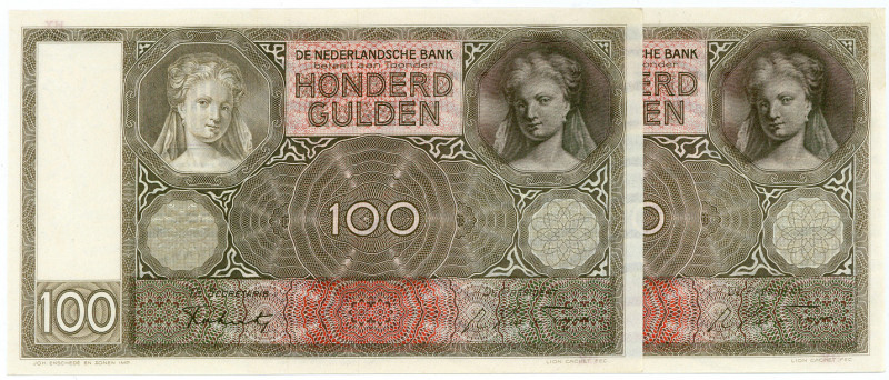NIEDERLANDE, De Nederlandsche Bank, 2x 100 Gulden 5.1.1944. KN HX016174/ HX01617...