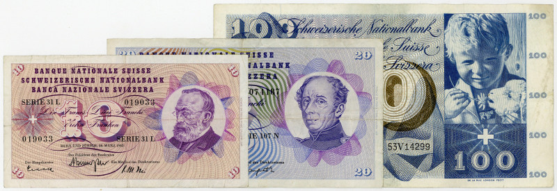 SCHWEIZ, National Bank, 10 Franken 28.3.1963; 20 Franken 9.4.1976; 100 Franken 2...