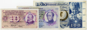 SCHWEIZ, National Bank, 10 Franken 28.3.1963; 20 Franken 9.4.1976; 100 Franken 23.12.1965.
3 Stk. III
P.45h; 46h; 49h
