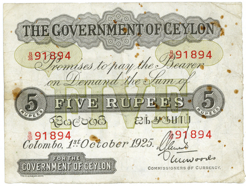 SRI LANKA / CEYLON, Government of Ceylon, 5 Rupees 1.10.1925. fleckig.
IV
Pick...