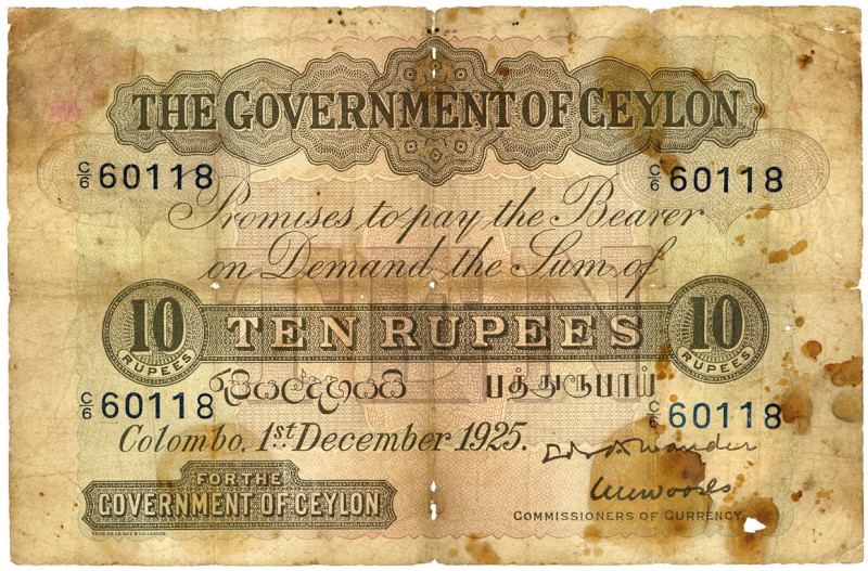 SRI LANKA / CEYLON, Government of Ceylon, 10 Rupees 1.12.1925. Stern fleckig.
V...