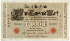 DEUTSCHES REICH BIS 1945, Reichsbanknoten und Reichskassenscheine, 1000 Mark 1.7.1898, KN 6-stellig rot, Udr.A, Serie C, Brauner Tausender.
III
Ros....